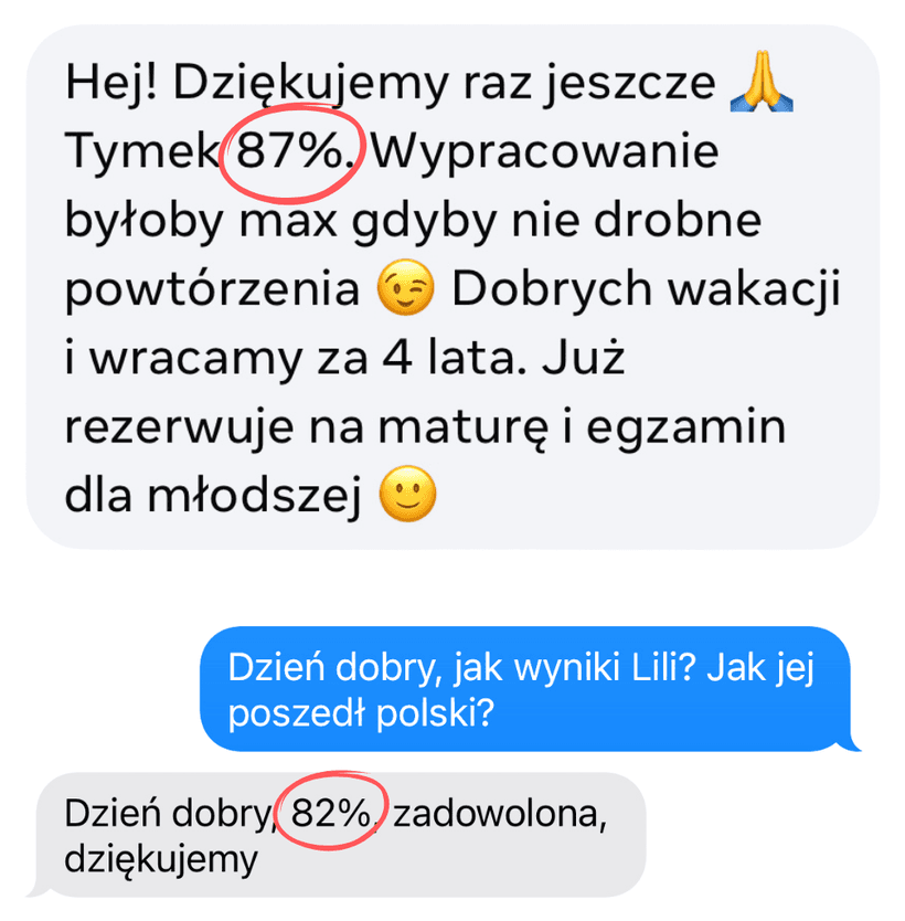 Opinia rodzica — wysoki wynik na egzaminie z polskiego
