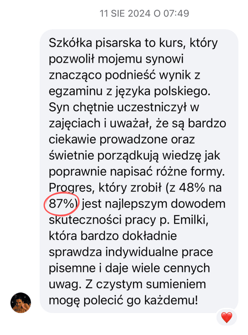 Opinia rodzica — postęp z 48% na 87% na egzaminie z polskiego