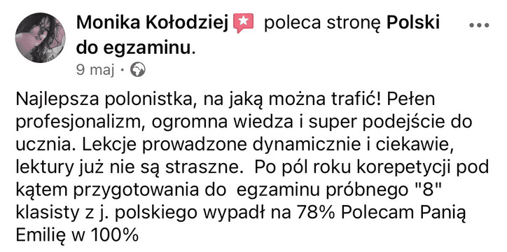Opinia rodzica o kursie Pani Emilii